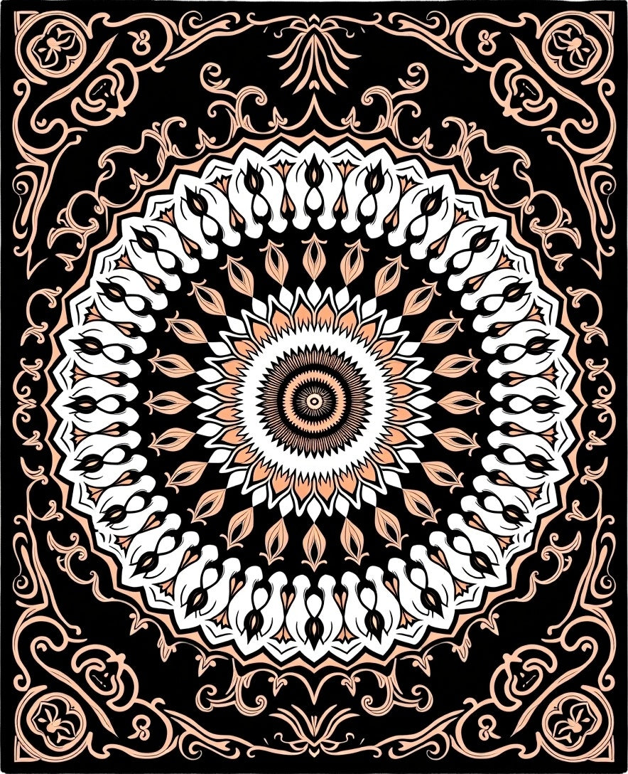 Peach Black Mandala Art Rug