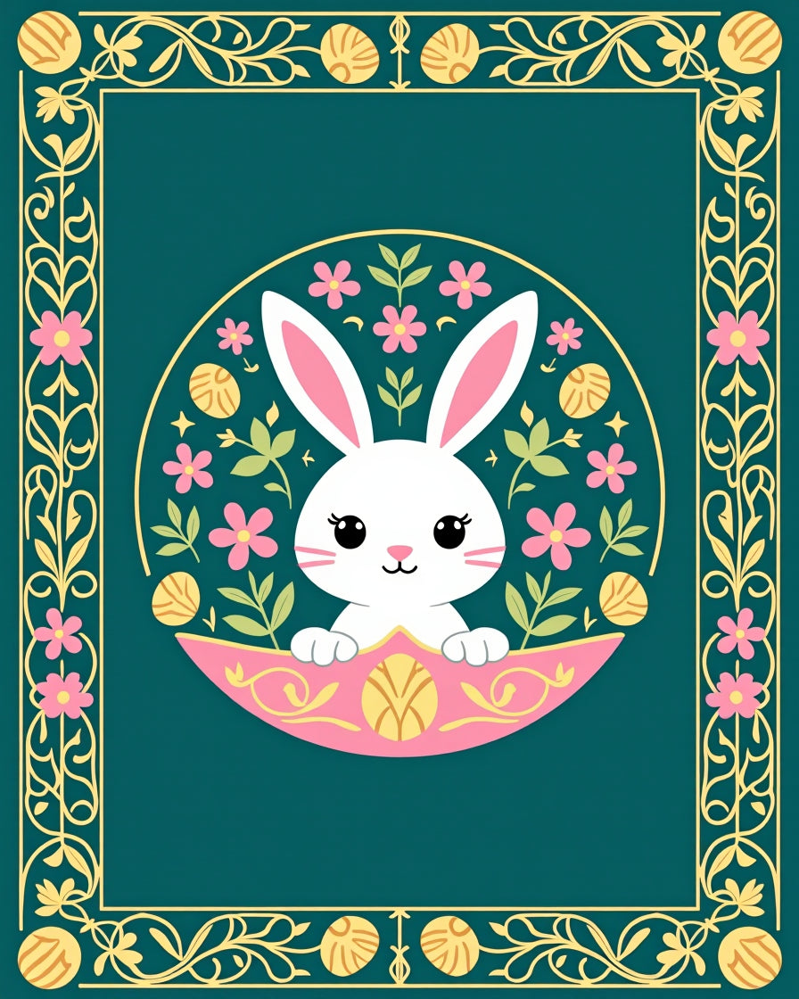 Whimsical White Bunny Floral Frame Rug