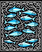 School of Blue Fish Nautical Border Rug