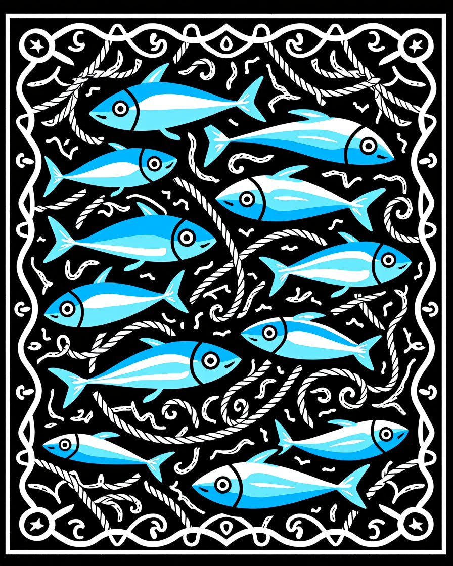School of Blue Fish Nautical Border Rug