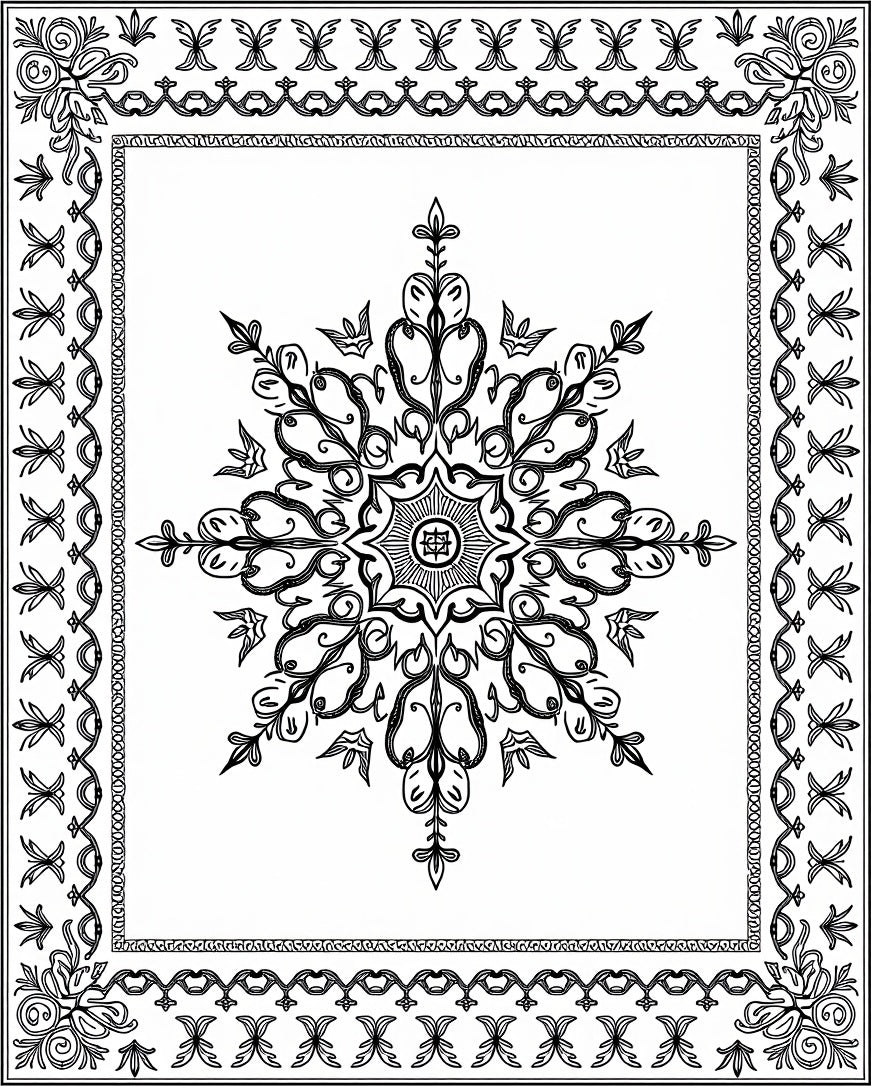 Black White Scrollwork Mandalla Frame Rug