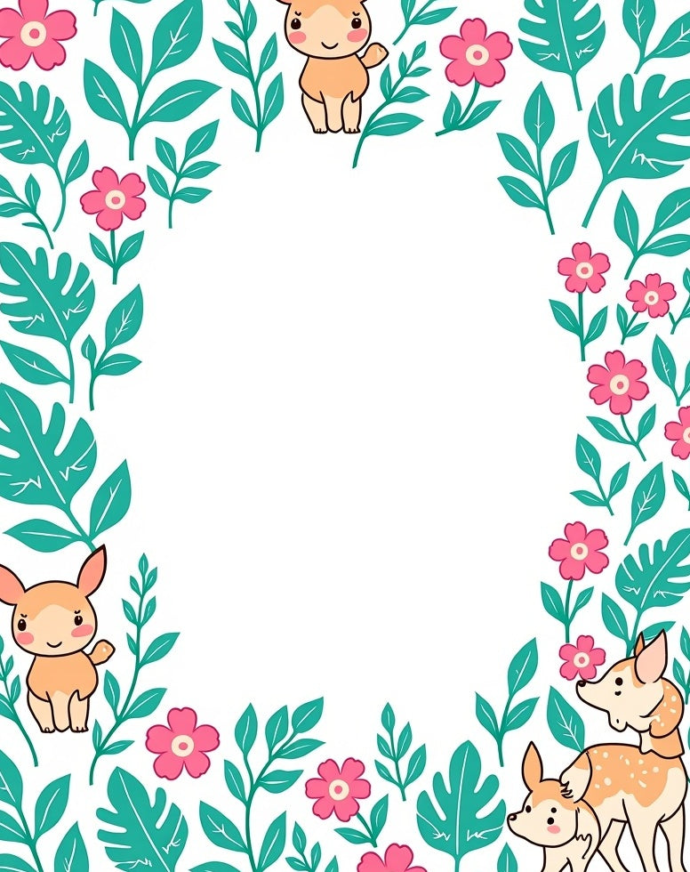 Whimsical Fawn Floral Leafy Border Rug