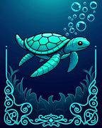 Aqua Turtle Ocean Bubbles Frame Rug