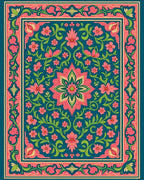 Teal Floral Medallion Vine Border Rug