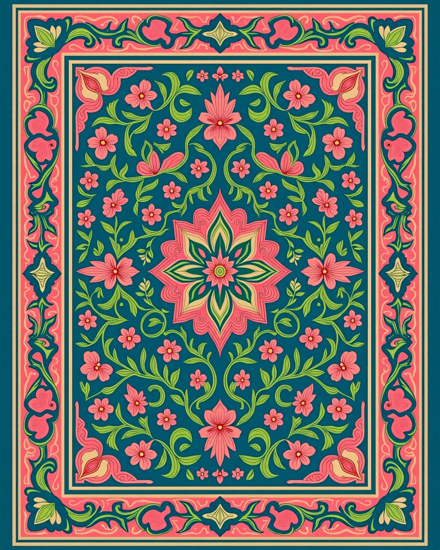 Teal Floral Medallion Vine Border Rug