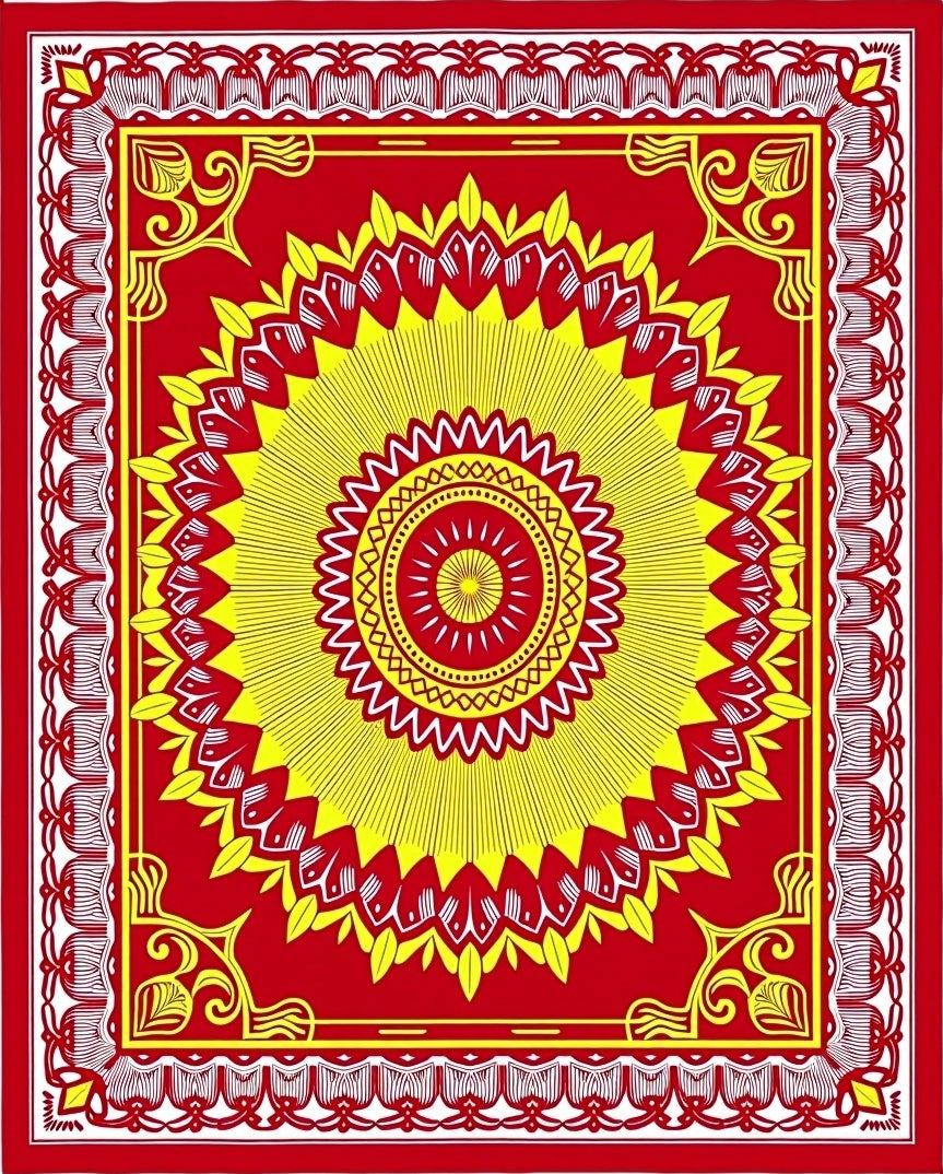 Vibrant Sunburst Red Yellow Medallion Rug