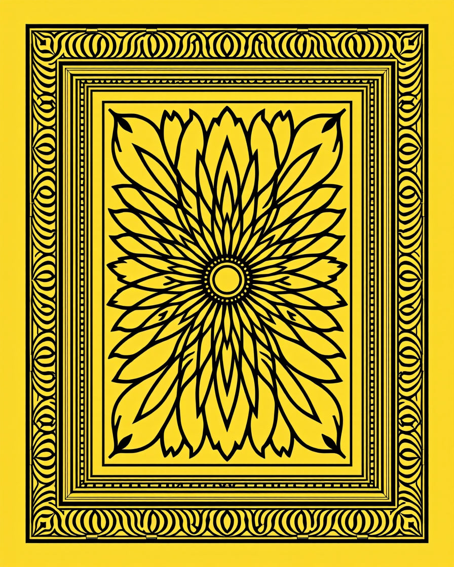 Vibrant Yellow Floral Sunburst Border Rug
