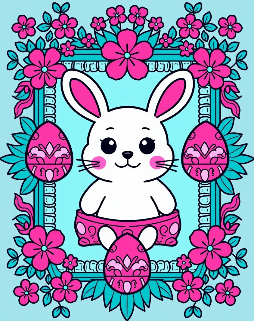 Whimsical Bunny Pink Floral Easter Egg Rug