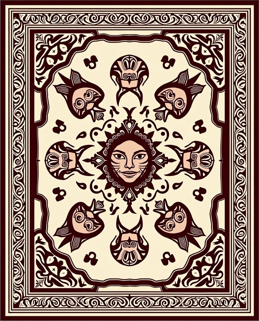 Crimson Sun Face Fish Border Rug