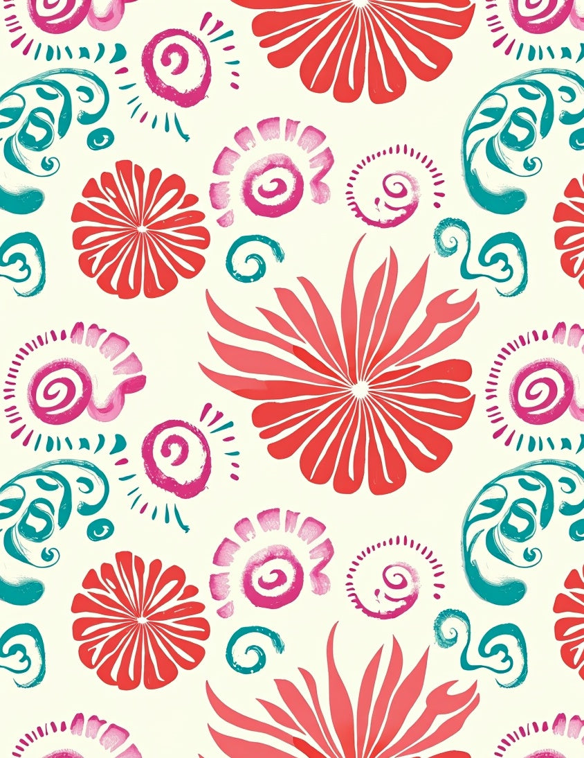 Bright Coral Teal Floral Swirls Rug