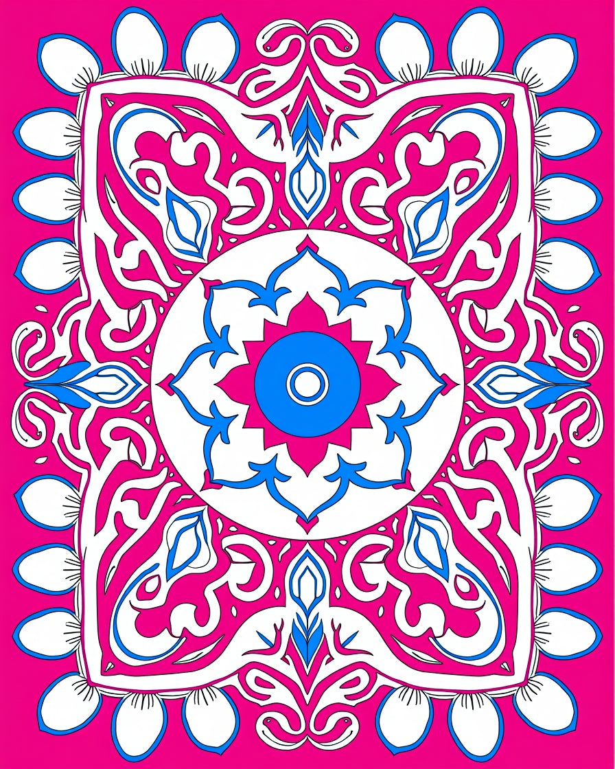 Bold Pink And Blue Ornate Mandala Rug
