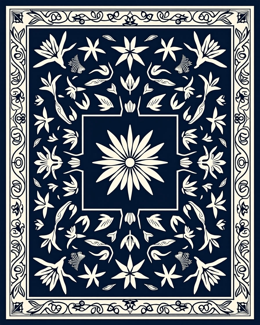 Navy Cream Floral Medallion Botanical Rug