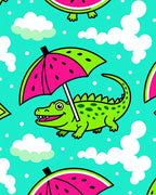 Happy Green Alligator Under Watermelon Umbrella Rug