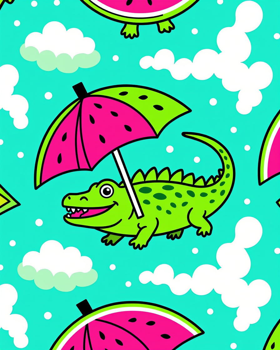 Happy Green Alligator Under Watermelon Umbrella Rug