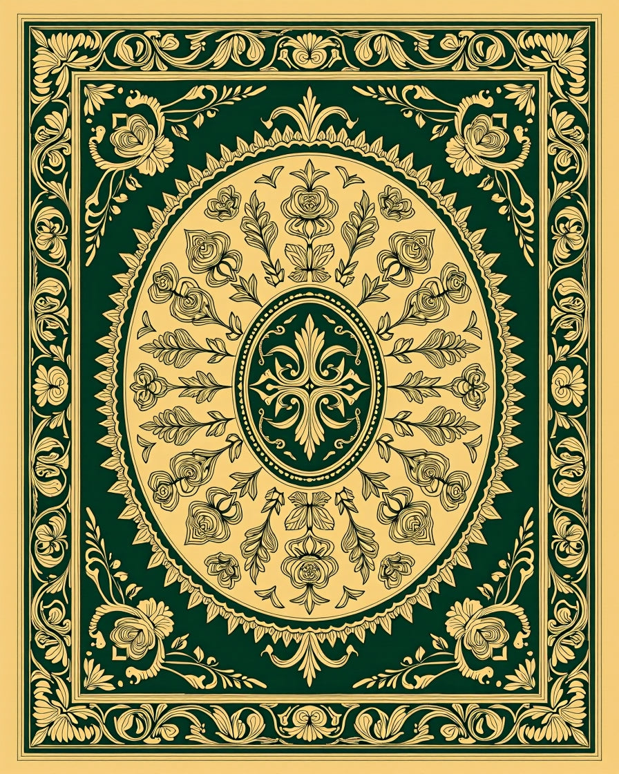 Emerald Gold Floral Border Medallion Rug