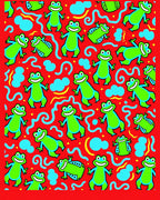 Happy Green Frogs Red Background Rug