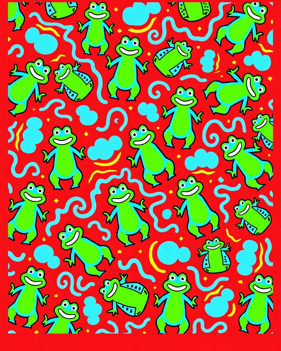 Happy Green Frogs Red Background Rug