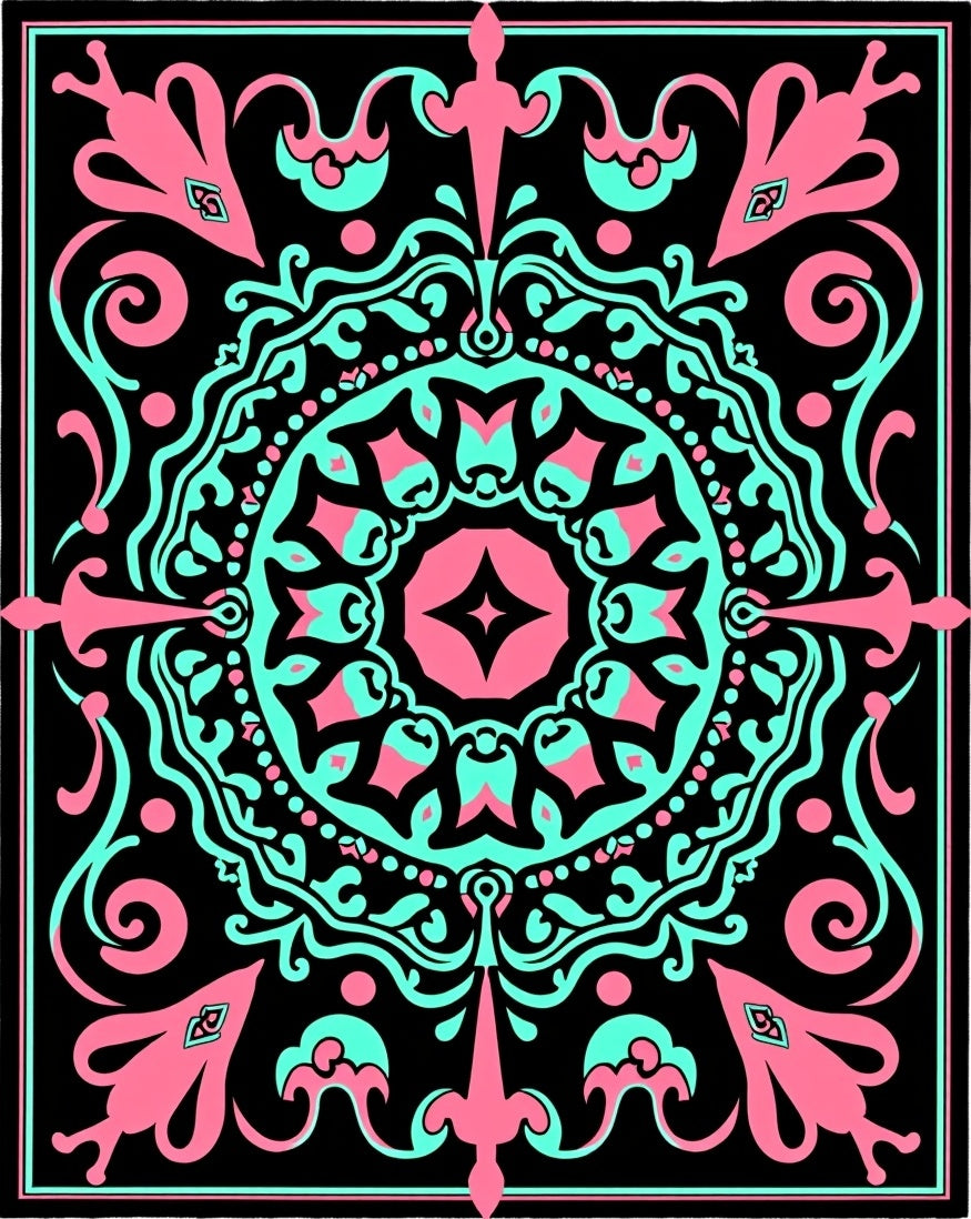 Black Pink Aqua Mandala Medallion Rug