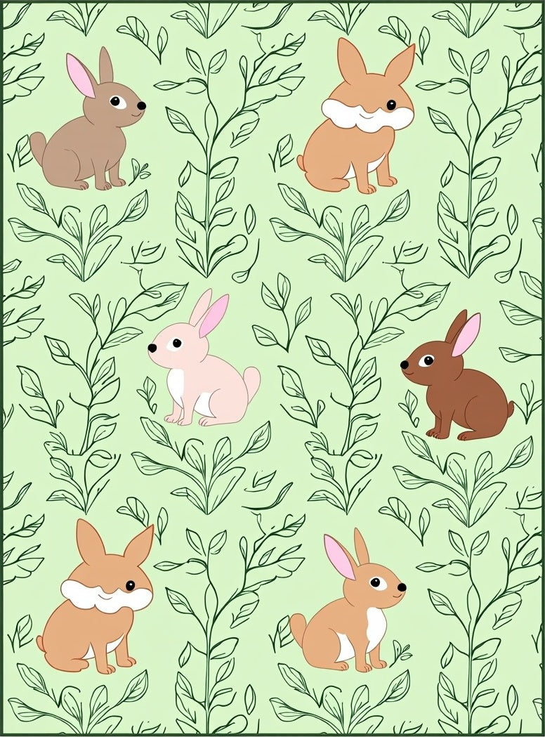 Cute Bunny Garden With Greenery Background Rug