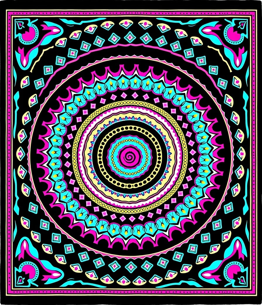 Vibrant Pink Teal Swirl Mandala Rug