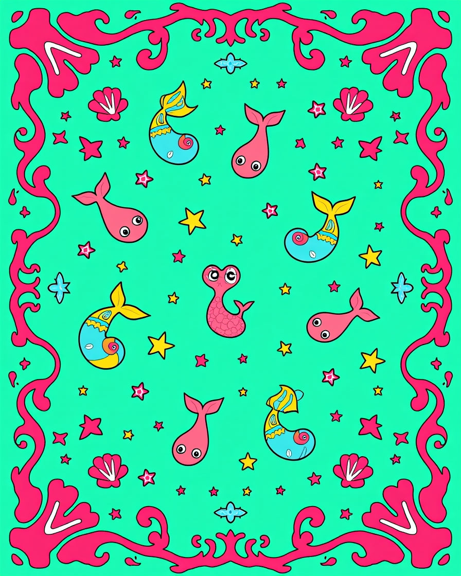 Whimsical Teal Fish Sea Creatures Rug