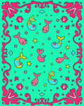 Whimsical Teal Fish Sea Creatures Rug