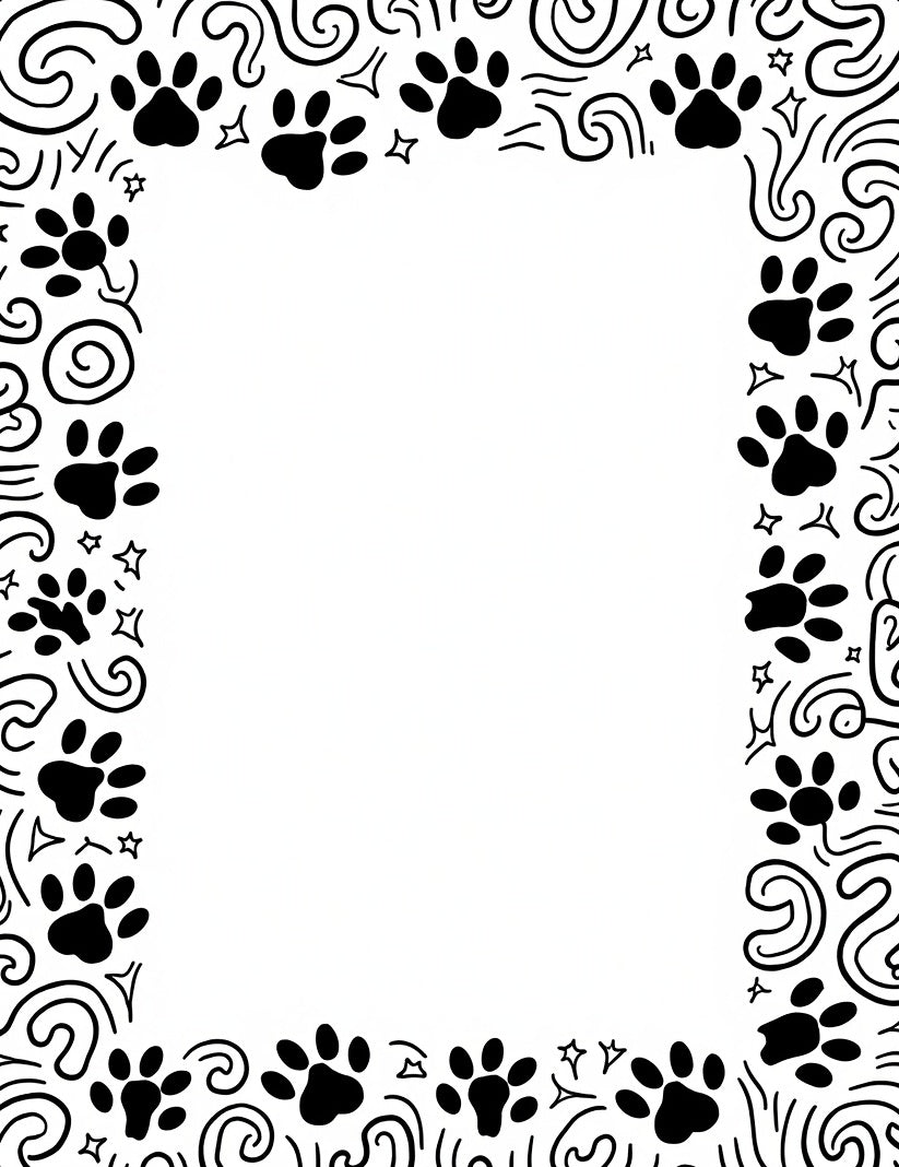 Black Paw Print Swirl Border Rug