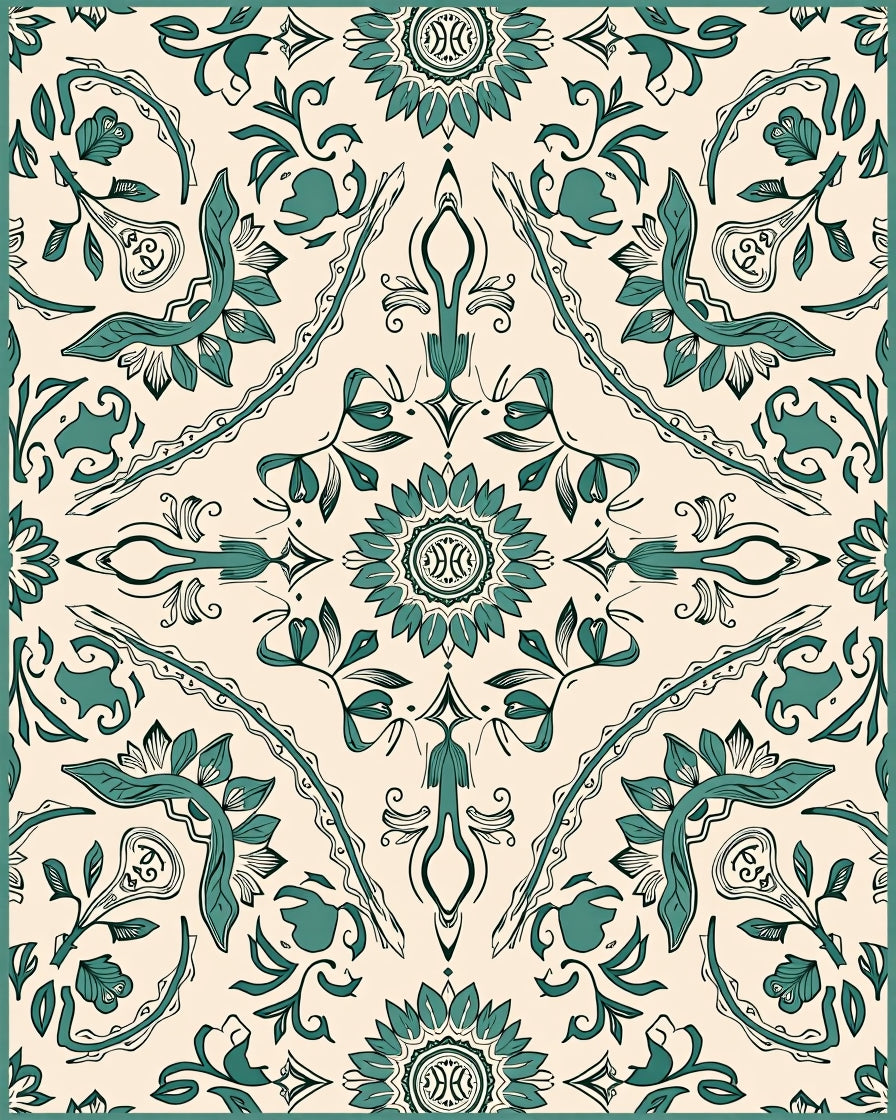 Teal Floral Medallion Cream Rug