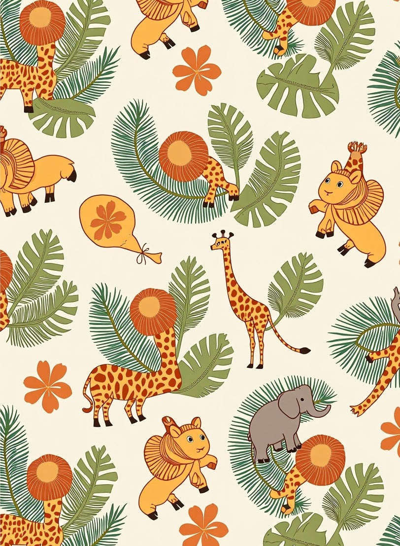 Whimsical Safari Animals Tropical Leaves Rug