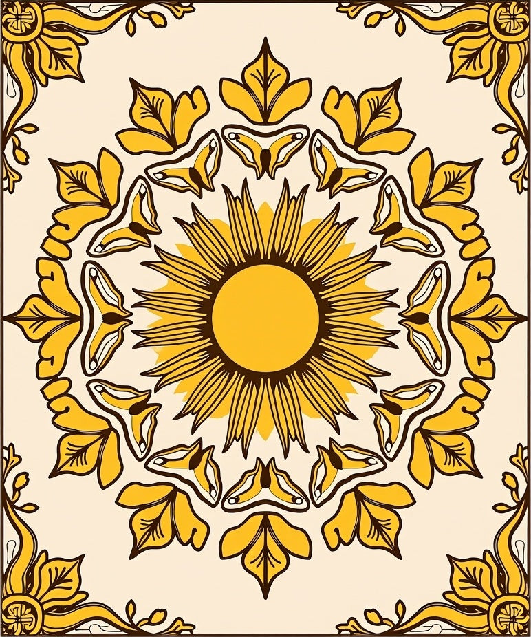 Golden Sunburst Floral Mandala Rug