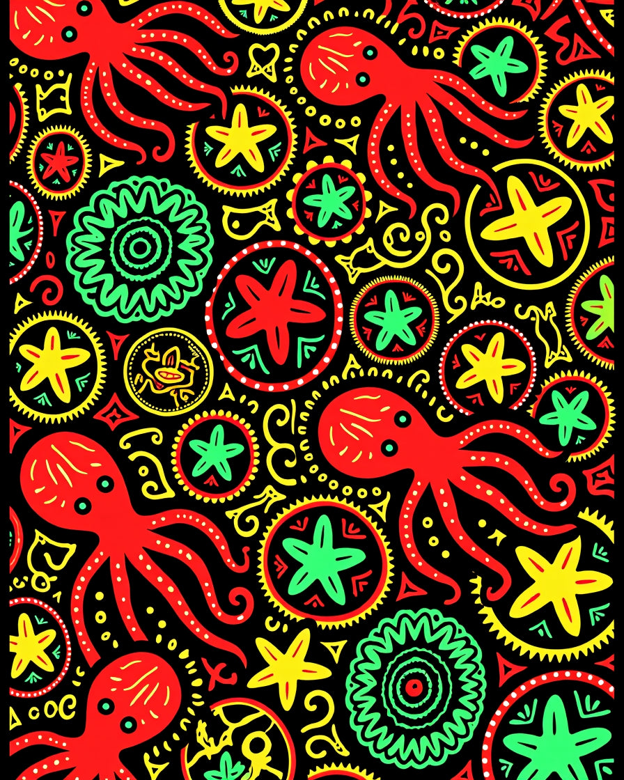 Red Octopus Starburst Folk Art Rug