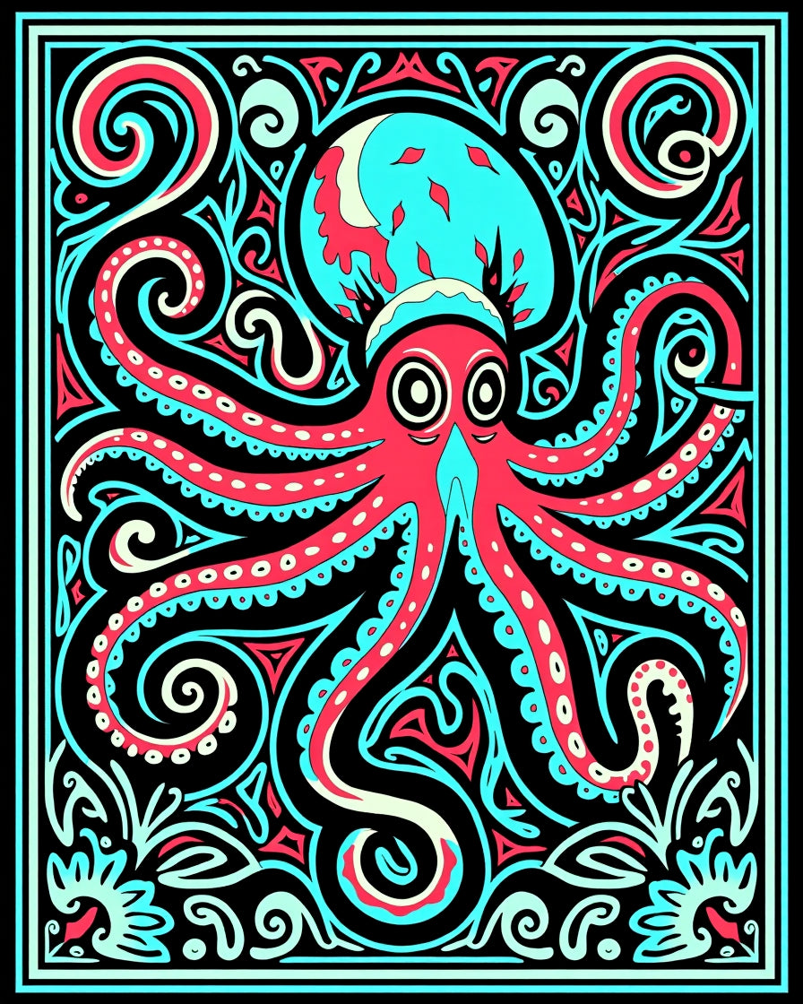 Vibrant Red Octopus Swirl Border Rug