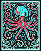 Vibrant Red Octopus Swirl Border Rug
