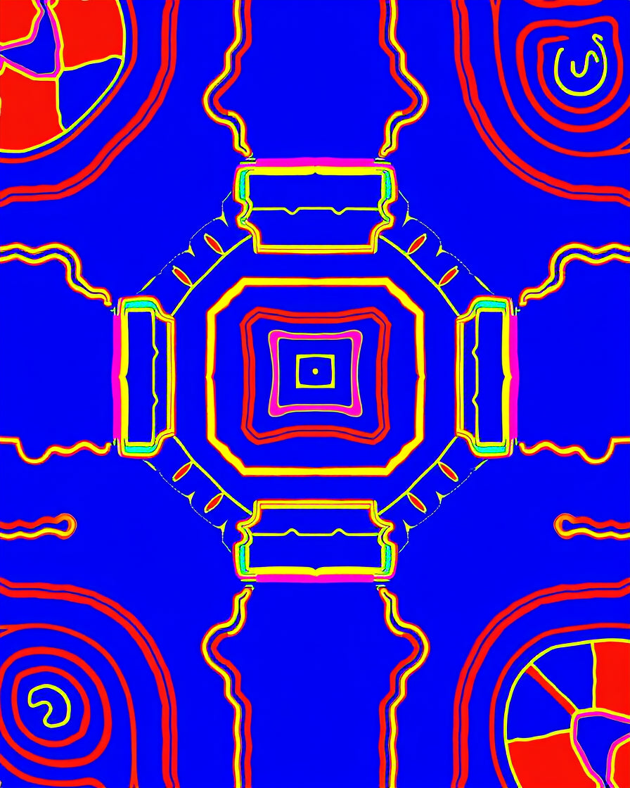 Vibrant Blue Red Yellow Geometric Medallion Rug