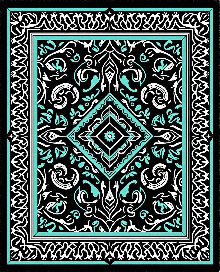 Bold Black Teal Intricate Medallion Rug