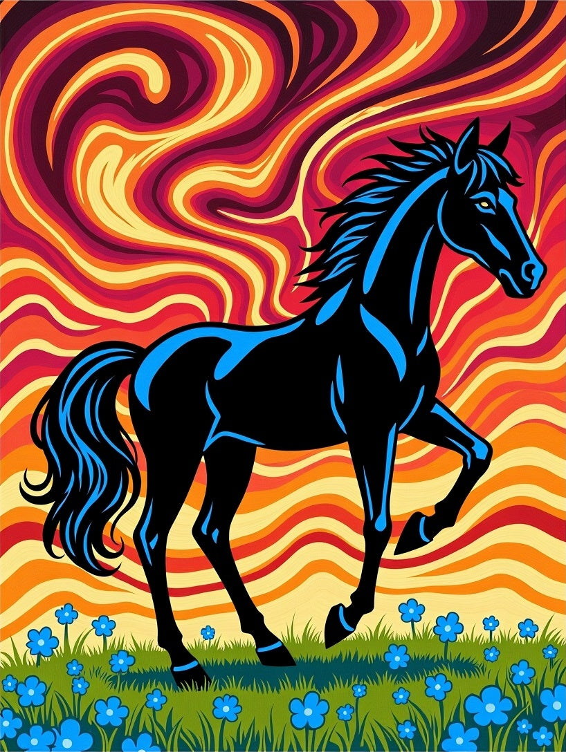 Vibrant Black Horse Psychedelic Swirl Rug