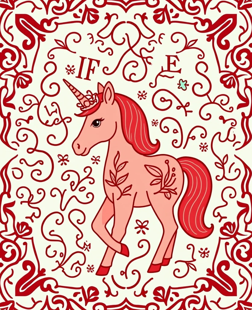 Whimsical Red Floral Unicorn Tapestry Rug