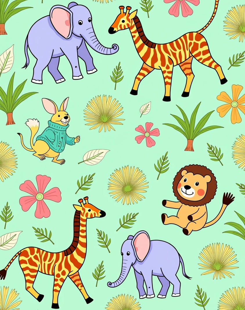Playful Safari Animals with Floral Accents Rug