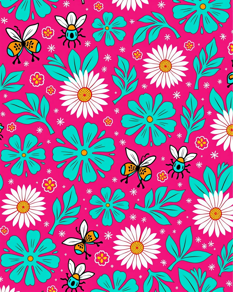 Pink Teal Bee Daisy Garden Bloom Rug
