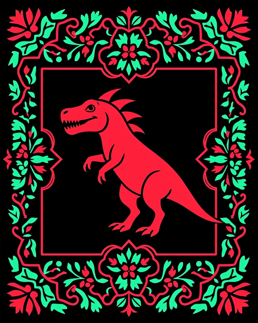 Red Dinosaur Floral Frame Rug