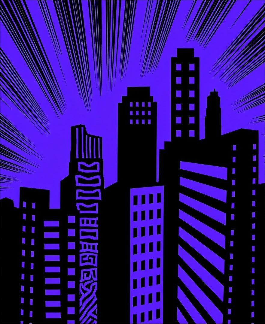 Bold Purple Comic City Skyline Rug