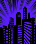 Bold Purple Comic City Skyline Rug