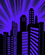 Bold Purple Comic City Skyline Rug