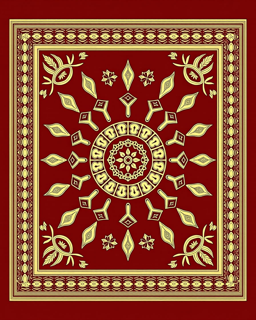Deep Red Geometric Medallion Border Rug