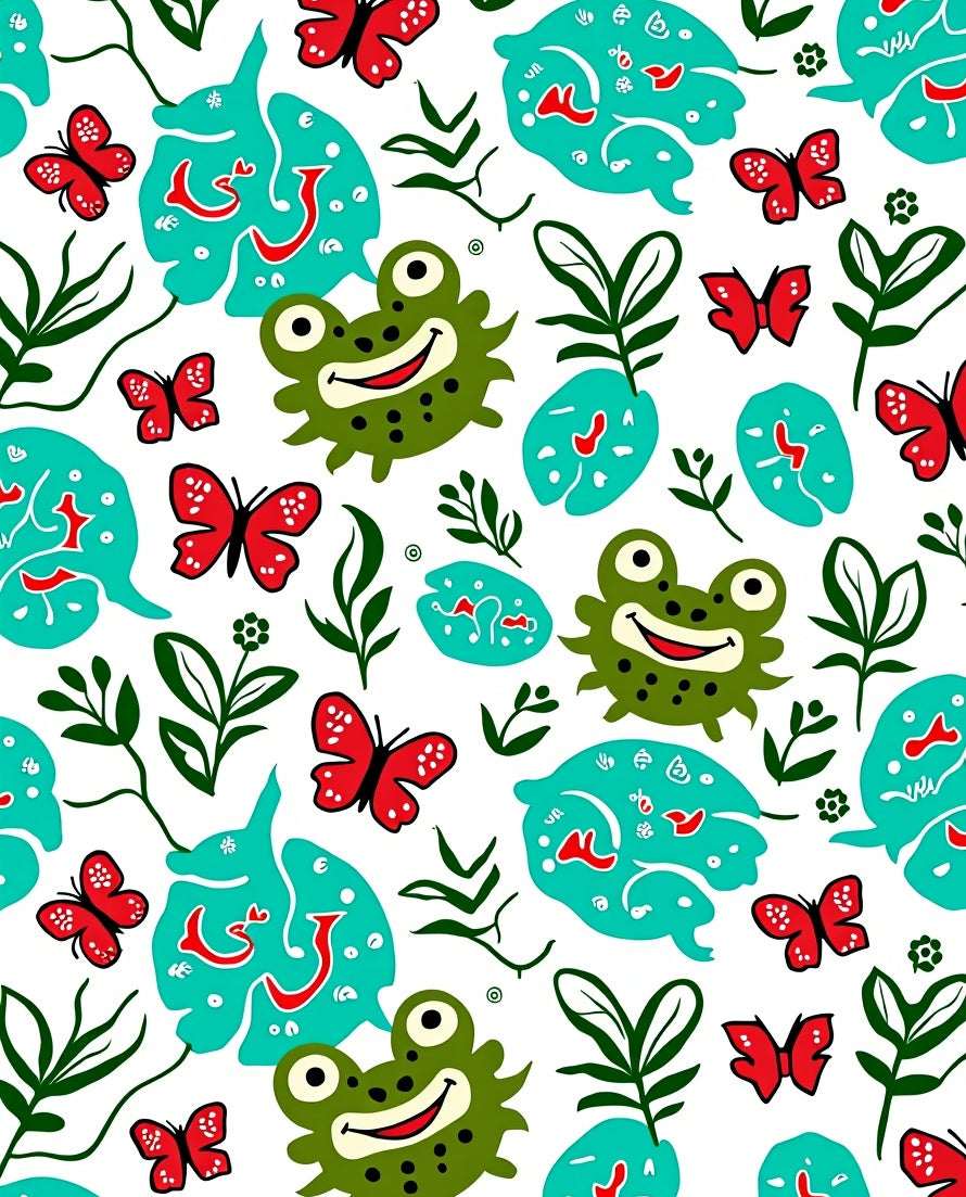 Happy Green Frogs Red Butterflies Pond Rug