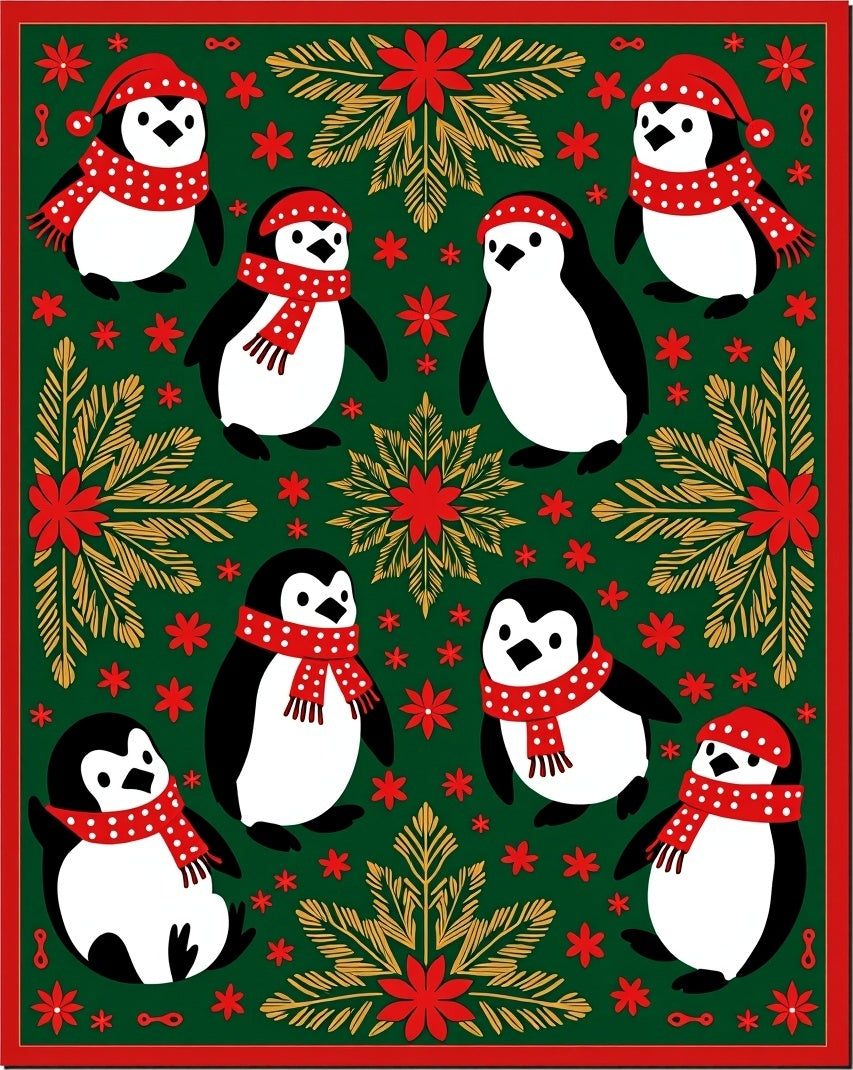 Festive Green Penguin Holiday Collection Rug