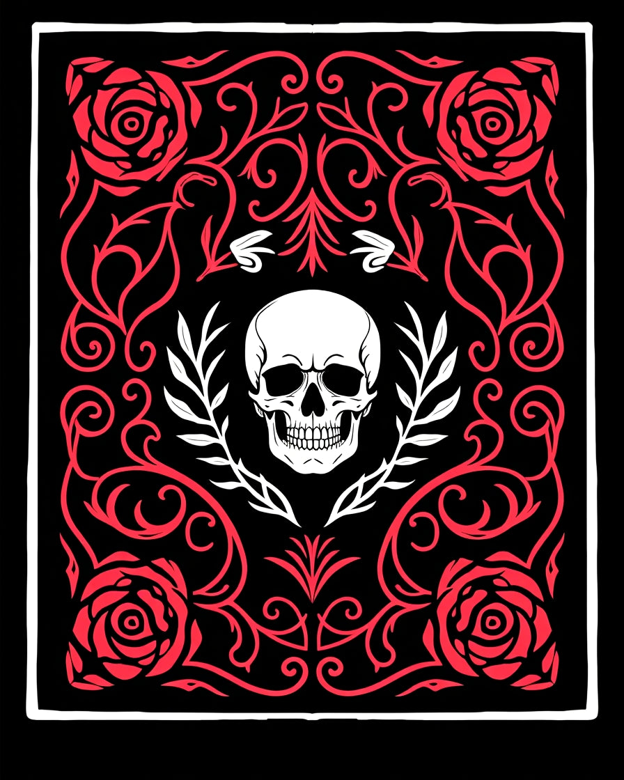 Black Red Rose Skull Garland Rug