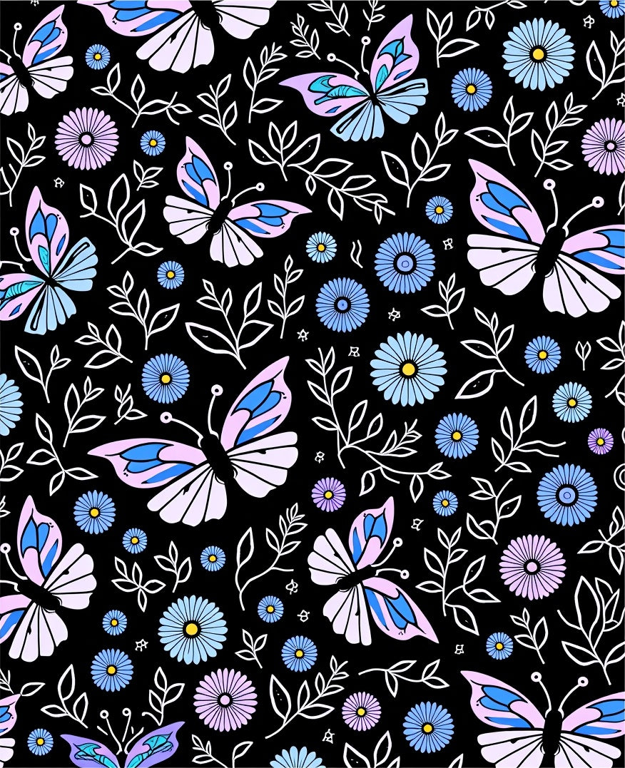 Pastel Butterfly Garden Floral Black Background Rug