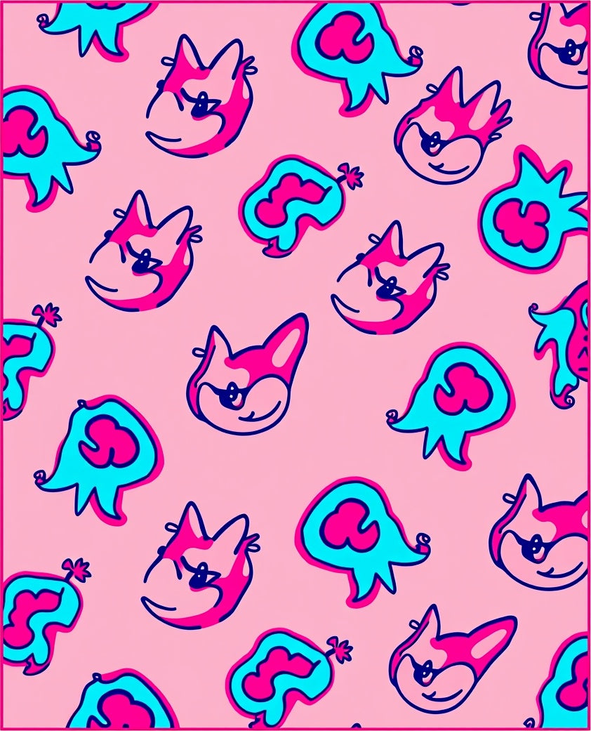 Whimsical Pink and Teal Cartoon Faces Rug