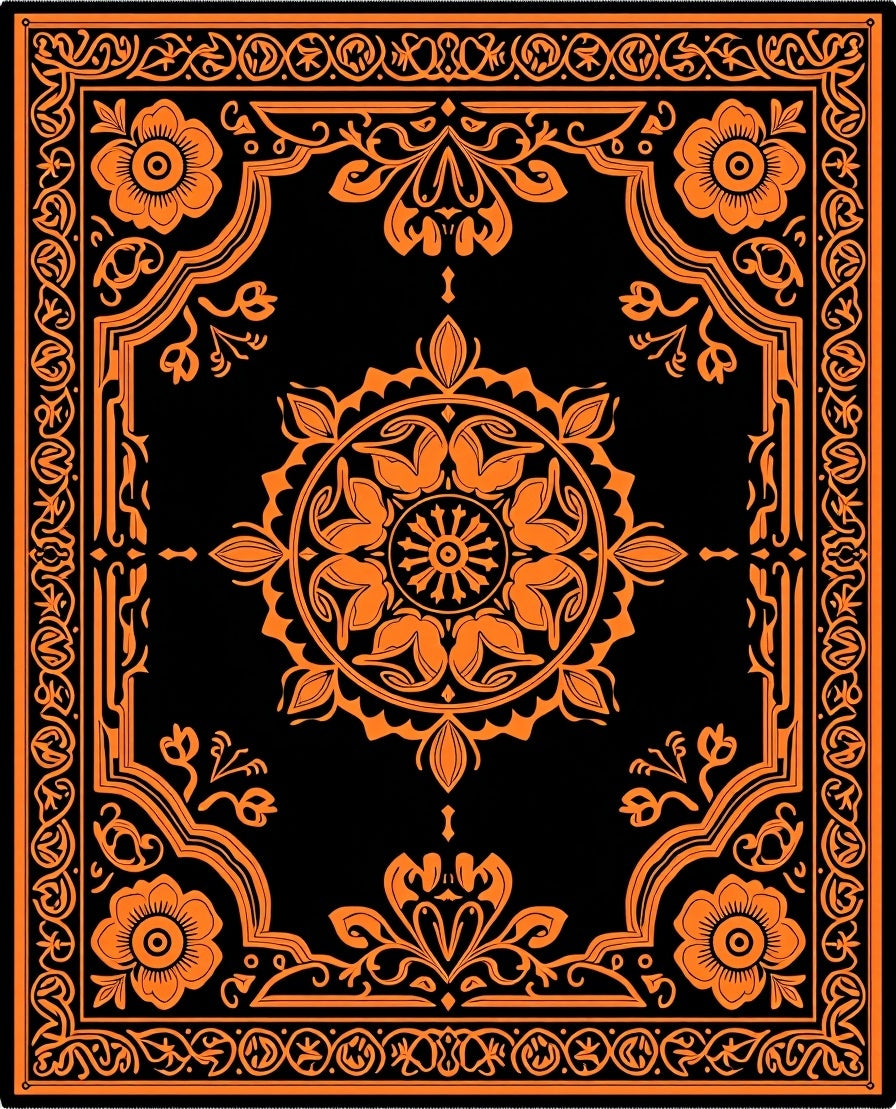 Elegant Orange Floral Medallion Black Rug